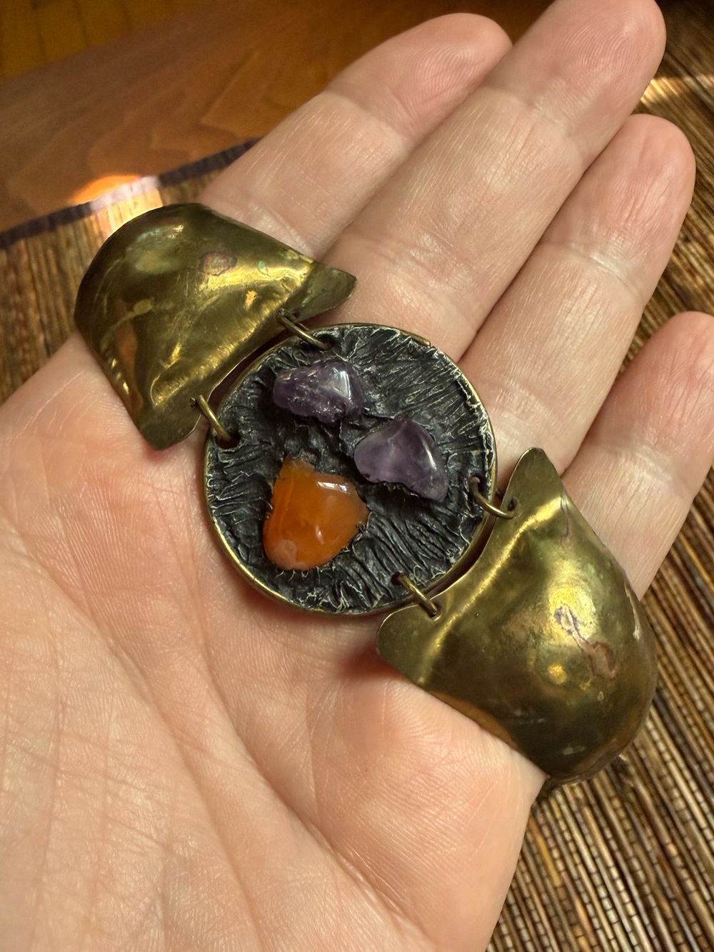 Brutalist Brass Stone Bracelet Artisan Modernist Mid Century